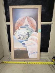 lot 166 image: Framed Still Life Artwork with Pottery and Cloth Signed by Artist