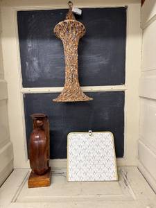 lot 176 image: Group of 3 Decor and Craft Items Woven Hanging Lamp, Wood Sculpture, Knitting Needle Set