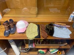 lot 241 image: Assorted Clothing Accessories Lot Including Womens Waterproof Boots, Hats, Tie, and Scarf