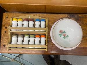 lot 244 image: Set of 12 Vintage Japan Porcelain Spice Jars with Rack and Decorative Bowl