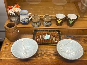 lot 247 image: Collection of Artisan Pottery Bowls, Vase, French Serving Dish, and Mugs