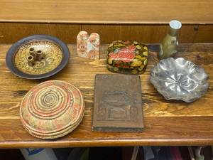 lot 250 image: Eclectic Home Decor Collection with Pottery, Woven Basket, Metal Tray, and Decorative Boxes