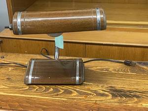 lot 255 image: Vintage Art Deco Gooseneck Desk Lamp with Wood and Metal Accents
