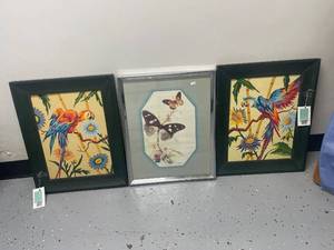 lot 256 image: Set of 3 Framed Wall Art Pieces Featuring Parrots and Butterflies