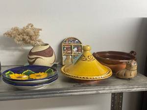 lot 342 image: Collection of Mexican Pottery Plates, Bowls, Vase, and Decorative Wall Art