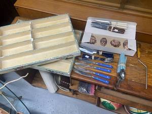 lot 360 image: Vintage Flatware Set with Blue and Ivory Handles, Copper Molds, and Two Wooden Divided Trays