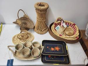 lot 323 image: Collection of Woven Baskets and Decorative Metal Trays