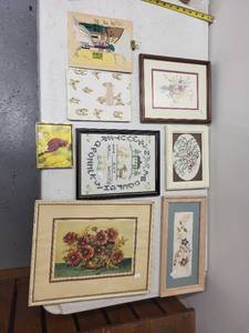 lot 369 image: Collection of 9 Framed Artwork and Embroidered Pieces