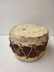 lot 370 image: Vintage Deer Skin Drum with Fur Wrap