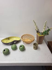 lot 371 image: Collection of Decorative Home Accents Including Vases, Ceramic Dish, and Basket