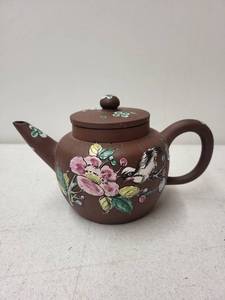 lot 380 image: Hand-Painted Yixing Style Clay Teapot with Floral and Bird Design