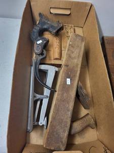 lot 383 image: Collection of Antique Tools and Equipment Including Wood Plane, Cast Iron Seal, Egg Grading Scale, and Casting Mold
