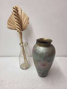 lot 387 image: Vintage Solid Brass Vase with Floral Cloisonne Design and Palm Fan Stick Arrangement