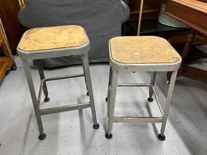 lot 31 image: Pair of Industrial Metal Stools with Wood Seats