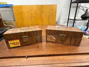 lot 33 image: Pair of Vintage Porta File Metal Security Boxes with Wood Grain Finish