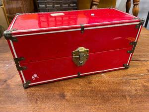 lot 37 image: Vintage Red Metal Storage Trunk with Collection of Doll Clothes and Accessories
