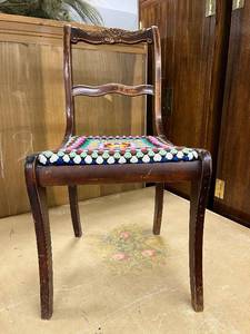 lot 50 image: Antique Wood Side Chair with Carved Back and Crochet Seat Cover