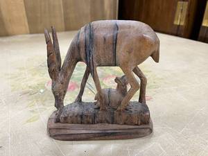 lot 51 image: Hand-Carved Wooden Gazelle and Calf Figurine