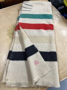 lot 55 image: Hudson Bay Company Wool Blanket with Multicolor Stripes Made in England