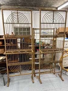 lot 59 image: Pair of Vintage Rattan and Metal Arch-Top Bottle Racks or plant stand, 72 Inches Tall