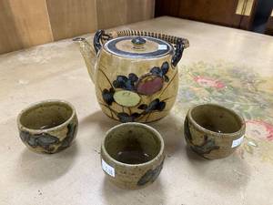 lot 60 image: Handcrafted Ceramic Teapot with 3 Matching Cups and Woven Handle