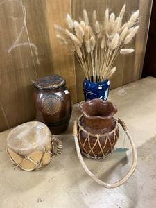 lot 63 image: Group of 4 Vintage Decor Items - Vases, Ceramic Jar, and Small Drum