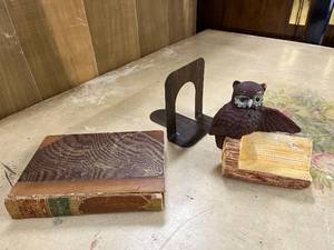 lot 65 image: Antique Book Representative Men by Emerson, Metal Bookend, and Decorative Owl Bookend