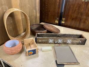 lot 66 image: Mixed Home Decor Lot Wicker Baskets, Planter, Decorative Box, Picture Frame, and More