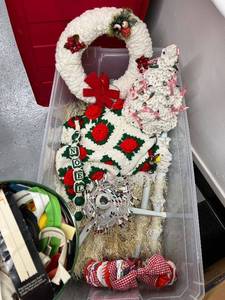 lot 126 image: Holiday Decor and Craft Collection with Wreaths, Crochet Tree, Lights, and Zippers
