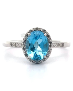 lot 56 image: Oval Blue Topaz & Natural Diamond Halo Ring in 14k White Gold VIDEO