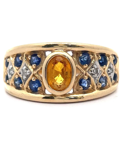 lot 80 image: Citrine, Natural Blue Sapphire & Diamond Basketweave Estate Ring in 14k Yellow Gold VIDEO