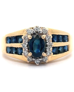 lot 81 image: Sapphire & Natural Diamond Oval Halo Estate Ring in 14k Yellow Gold VIDEO