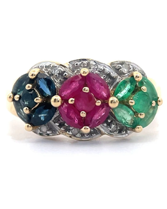 lot 89 image: Natural Ruby, Sapphire & Emerald Bouquet Cluster Estate Ring in Yellow Gold VIDEO