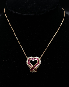lot 93 image: Estate Beauty Natural Ruby & Diamond Open Heart Halo Pendant Necklace in 14k Yellow Gold