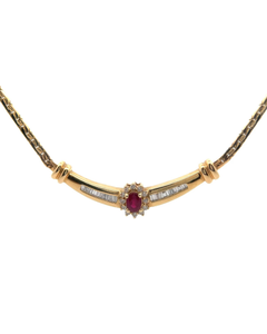 lot 94 image: Estate Natural Ruby & Diamond Curved Bar Necklace in 14k Yellow Gold VIDEO