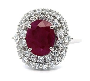 3.95 Carat Natural Burmese Ruby & Natural Diamond Double-Halo Ring in Platinum w/ GIA Report + Appraisal; Retail $10,785
