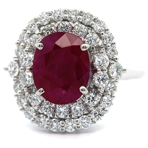 3.95 Carat Natural Burmese Ruby & Natural Diamond Double-Halo Ring in Platinum w/ GIA Report + Appraisal; Retail $10,785