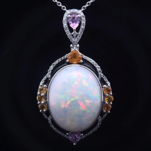lot 30N image: Oscar Friedman 27.27 Carat Natural Opal, Natural Sapphire & Natural Diamond Platinum Pendant Necklace w Appraisal Retail $12,980 VIDEO