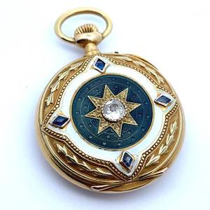 lot 20G image: Gustavo Wst Buenos Aires 14k Gold Pocket Watch with Natural Diamond and Sapphires - Recently Serviced $12,000 Retail Estimate