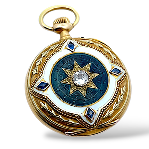 lot 20G image: Gustavo Wst Buenos Aires 14k Gold Pocket Watch with Natural Diamond and Sapphires - Recently Serviced (18.4 grams) $12,000 Retail Estimate