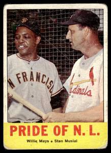 lot 27 image: Willie Mays  Stan Musial Pride of the N.L.  1963 Topps #138   Vintage Baseball Card