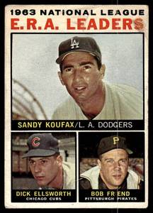 lot 48 image: Sandy Koufax  1963 Topps #1 NL ERA Leaders  Vintage Baseball Card