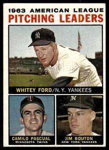 lot 49 image: Whitey Ford  Pascual  Bouton  1964 Topps #4 AL Pitching Leaders  Vintage Baseball Card