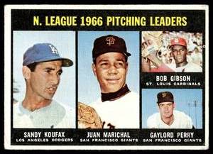 lot 75 image: NL Pitching Leaders - Koufax, Marichal, Gibson, Perry  1967 Topps #236   Vintage Baseball Card