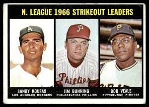 lot 76 image: Koufax, Bunning, Veale  1967 Topps #238 NL Strikeout Leaders  Vintage Baseball Card