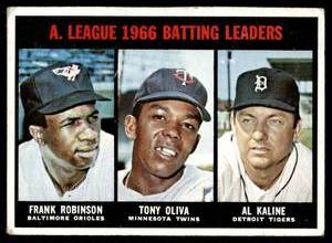lot 77 image: Oliva  Robinson  Kaline  1967 Topps #239 AL Batting Leaders  Vintage Baseball Card