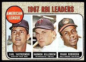 lot 83 image: Yastrzenski  Killebrew  Robinson  1968 Topps #4 AL RBI Leaders  Vintage Baseball Card