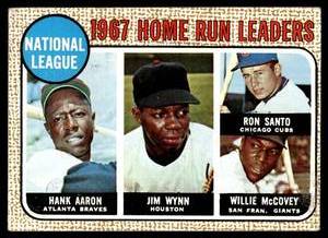 lot 84 image: Hank Aaron  Santo  McCovey  Wynn  1968 Topps #5 NL HR Leaders  Vintage Baseball Card