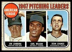 lot 86 image: Lonborg  Wilson  Chance  1968 Topps #10 AL Pitching Leaders  Vintage Baseball Card