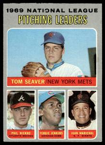 lot 119 image: Seaver  Niekro  Jenkins  Marichal  1970 Topps #69 NL Pitching Leaders  Vintage Baseball Card
